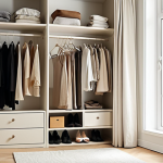 **A woman organizing her minimalist wardrobe, filled with high-quality, timeless clothing in neutral colors, with natural light streaming through the window.** (Focuses on the aesthetic and organization of a minimalist wardrobe.)