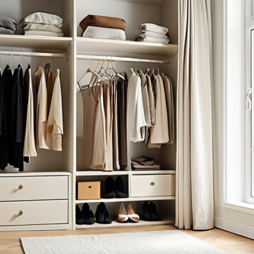 Home 11 **A woman organizing her minimalist wardrobe, filled with high-quality, timeless clothing in neutral colors, with natural light streaming through the window.** (Focuses on the aesthetic and organization of a minimalist wardrobe.)