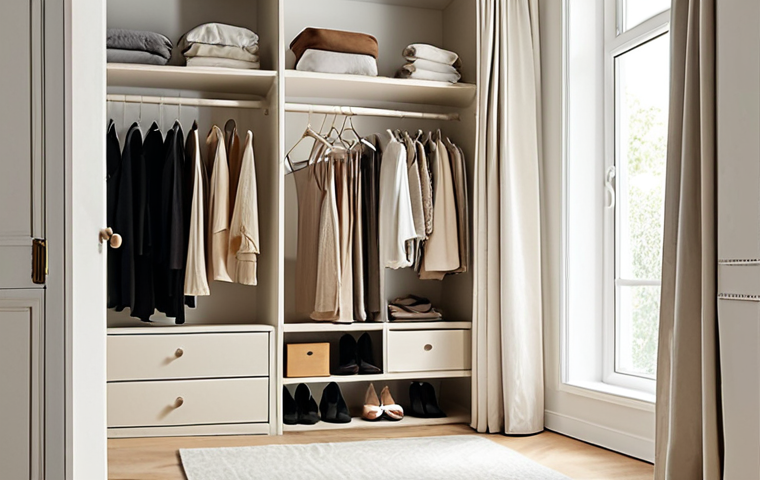 **A woman organizing her minimalist wardrobe, filled with high-quality, timeless clothing in neutral colors, with natural light streaming through the window.** (Focuses on the aesthetic and organization of a minimalist wardrobe.)
