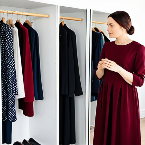 Home 6 A professional woman in modest, comfortable yet stylish attire, standing in a bright, modern minimalist bedroom. She is looking at an open, impeccably organized wardrobe, with a sense of calm and contentment. The setting is clean with soft natural light, reflecting a decluttered and intentional space. Professional photography, high detail, perfect anatomy, correct proportions, natural pose, well-formed hands, proper finger count, natural body proportions, fully clothed, modest clothing, appropriate attire, professional dress, safe for work, appropriate content, family-friendly.