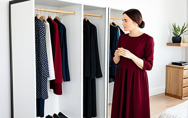 A professional woman in modest, comfortable yet stylish attire, standing in a bright, modern minimalist bedroom. She is looking at an open, impeccably organized wardrobe, with a sense of calm and contentment. The setting is clean with soft natural light, reflecting a decluttered and intentional space. Professional photography, high detail, perfect anatomy, correct proportions, natural pose, well-formed hands, proper finger count, natural body proportions, fully clothed, modest clothing, appropriate attire, professional dress, safe for work, appropriate content, family-friendly.